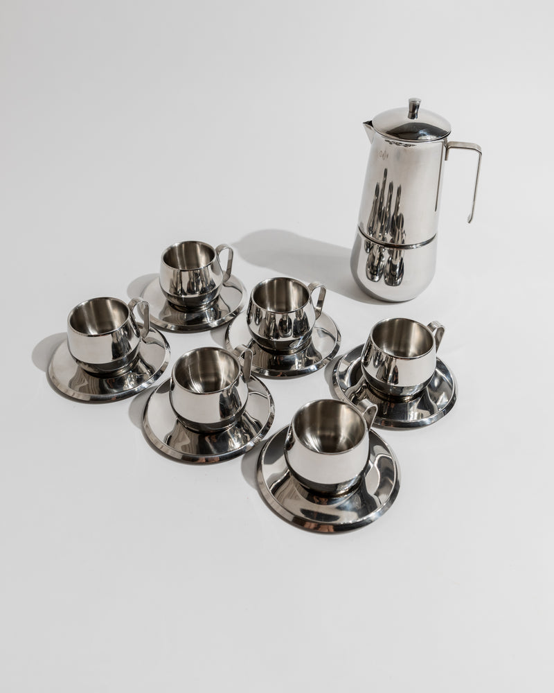 Elegant Vintage Coffee Set, 13 Pieces, Stainless Steel, Design by Gnutti Italy 1980s, Gift — close-up of stainless steel cups