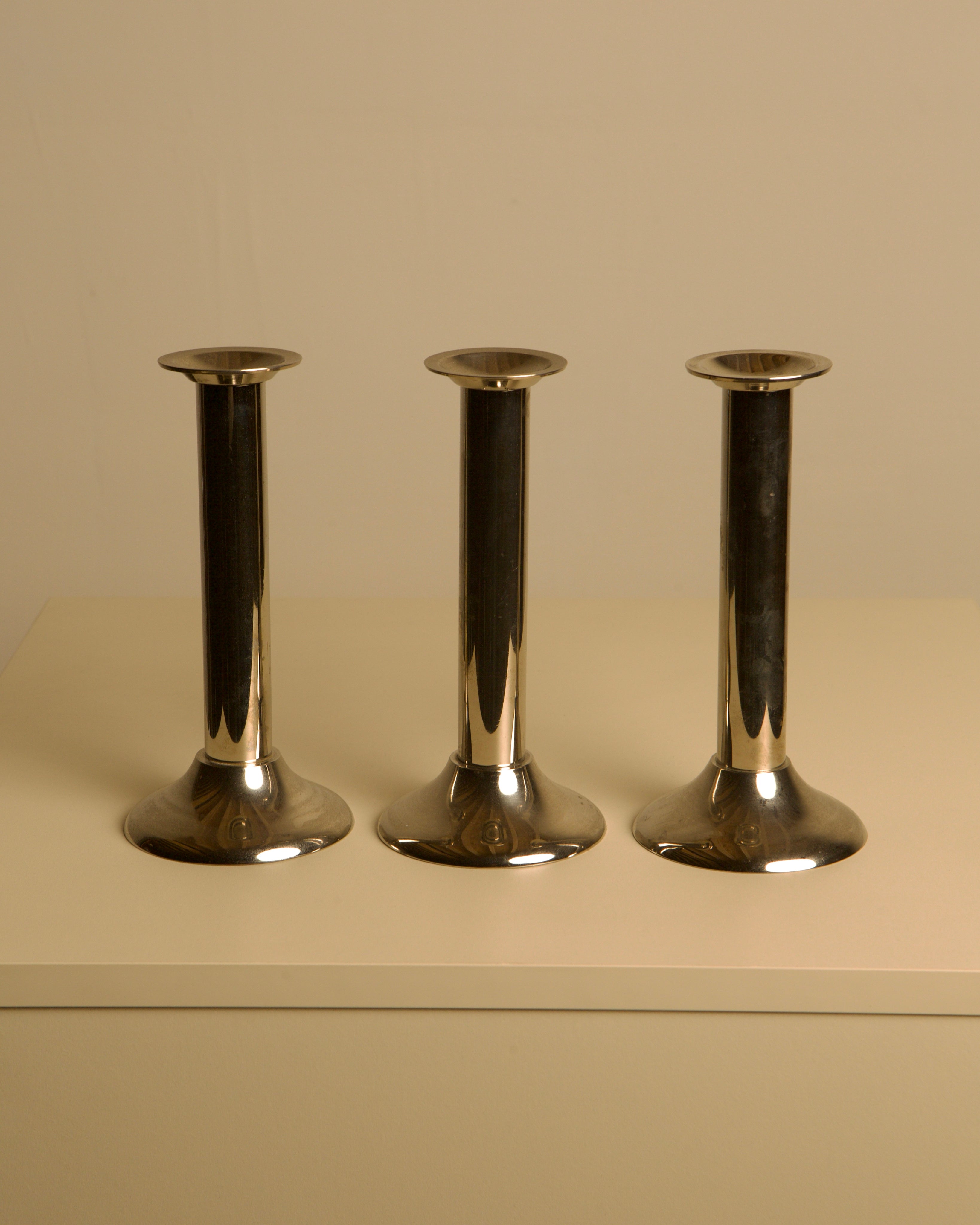 Set of 3 Italian Silver-plated Metal Candlesticks from the 70s