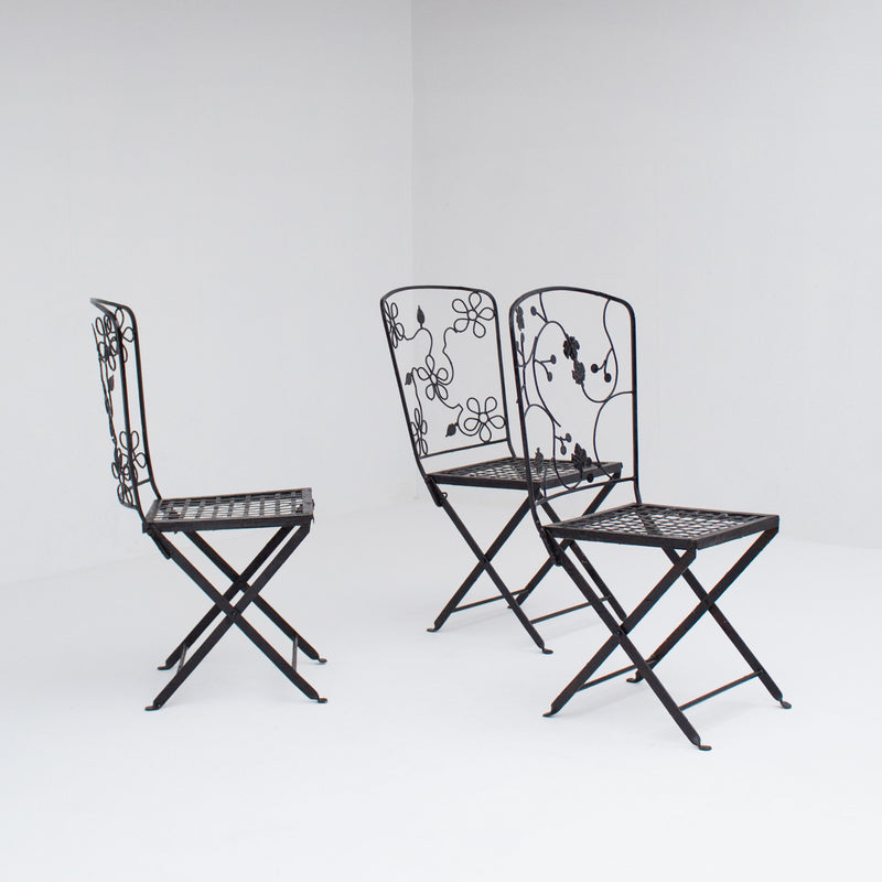 Set of Three Decorative Wrought Iron Garden Chairs with Floral Backrests — detail view