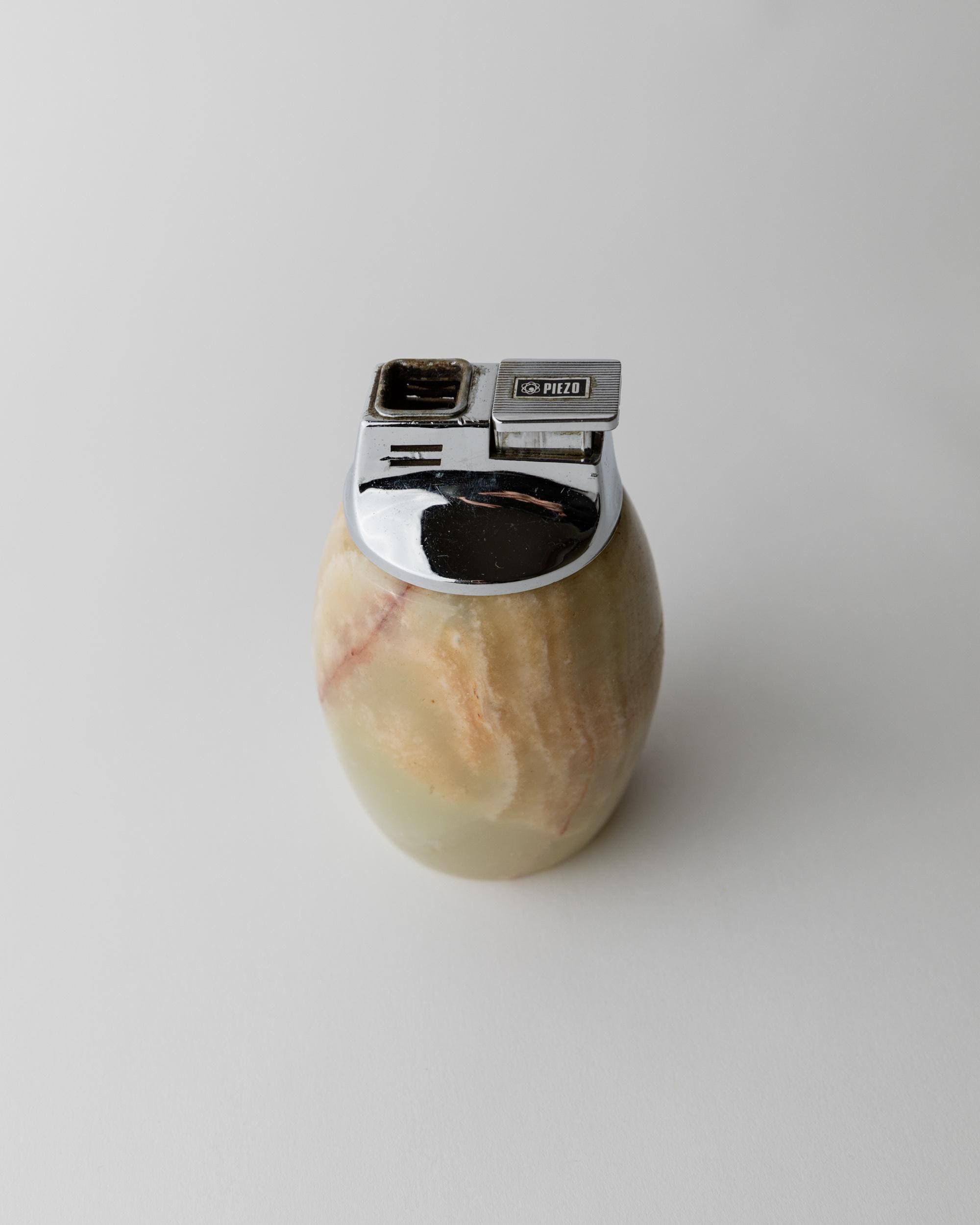 Vintage 1960s Alabaster Table Lighter, by Piezo Italy, Green Beige Stone Design, Elegant Mid Century Bar Accessory, Desk Object, Gift Idea — lifestyle setting