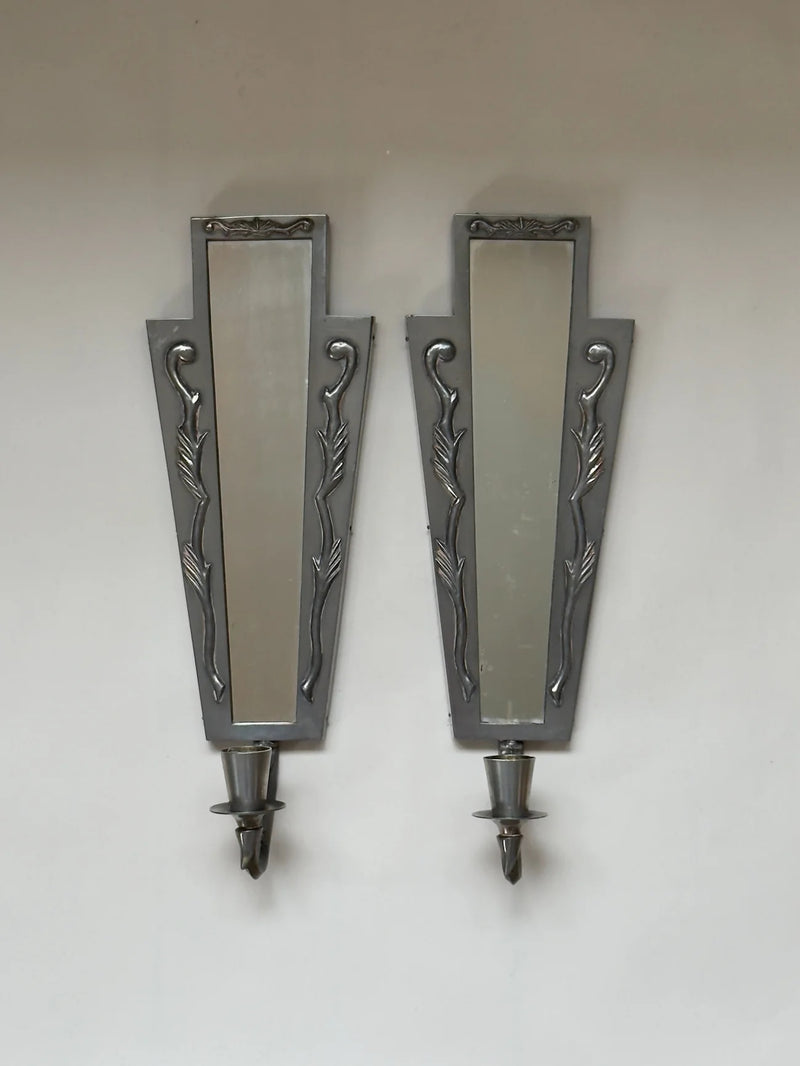Pair of Swedish Grace Pewter Candle Sconces with Mirrors by Galerie Storm | The Oblist — pewter finish, modern design