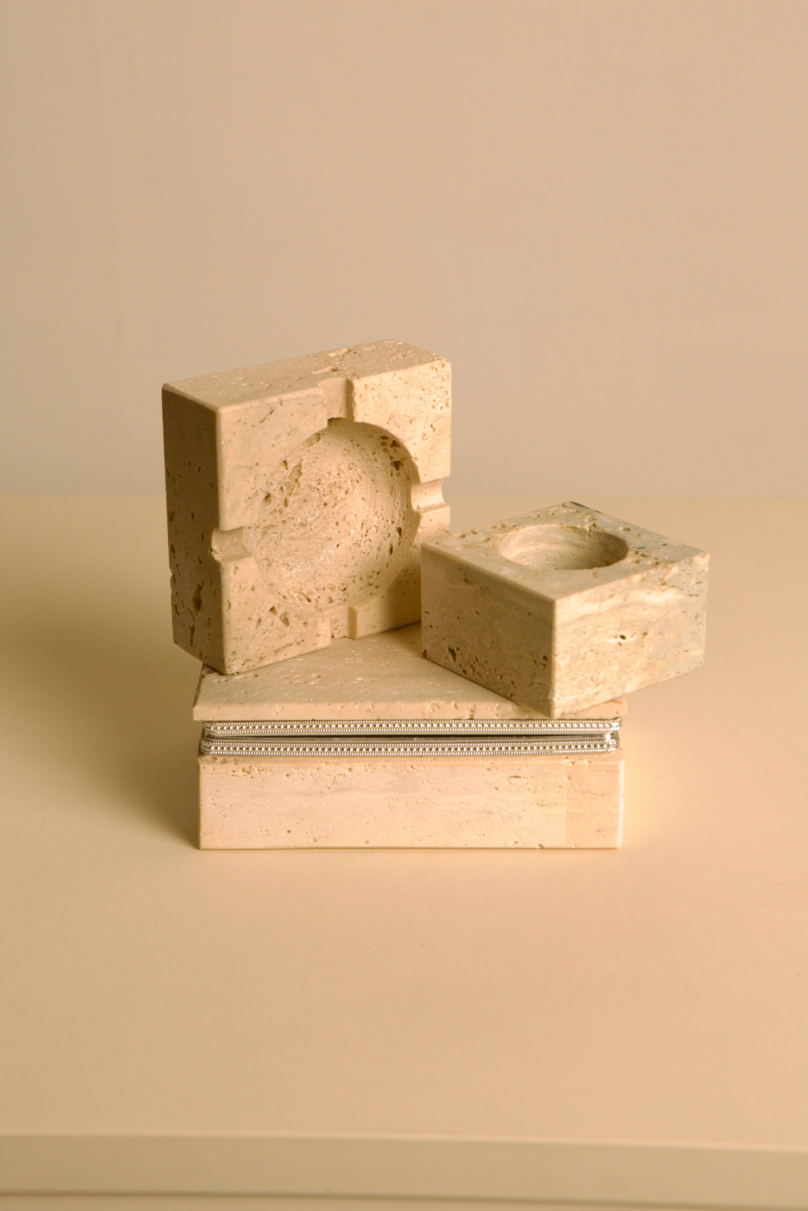 60's Italian Travertine Smoker's Desk Set — side angle of stacked ashtray pieces