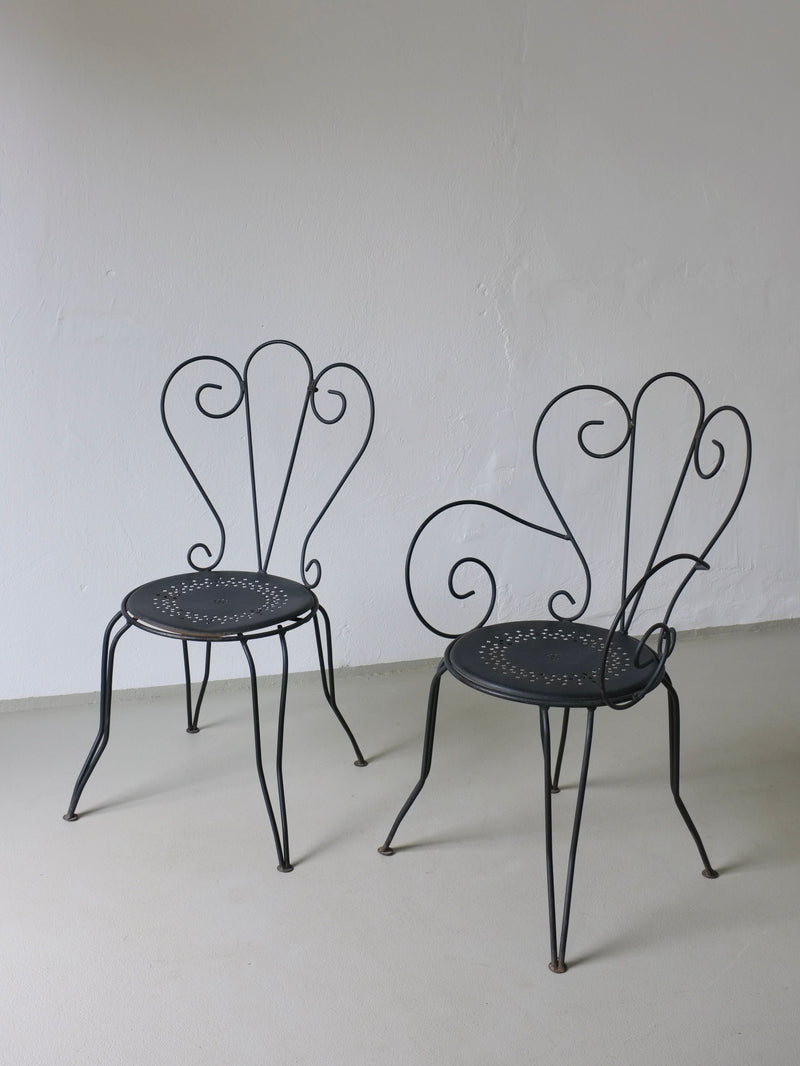 Wrought Iron Garden Dining Set, 1950s France — close-up of black wrought iron chairs