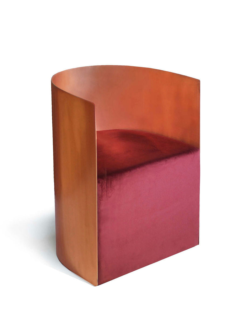Luna Chair' by ZAROLAT Studio — close-up of copper frame with velvet seat