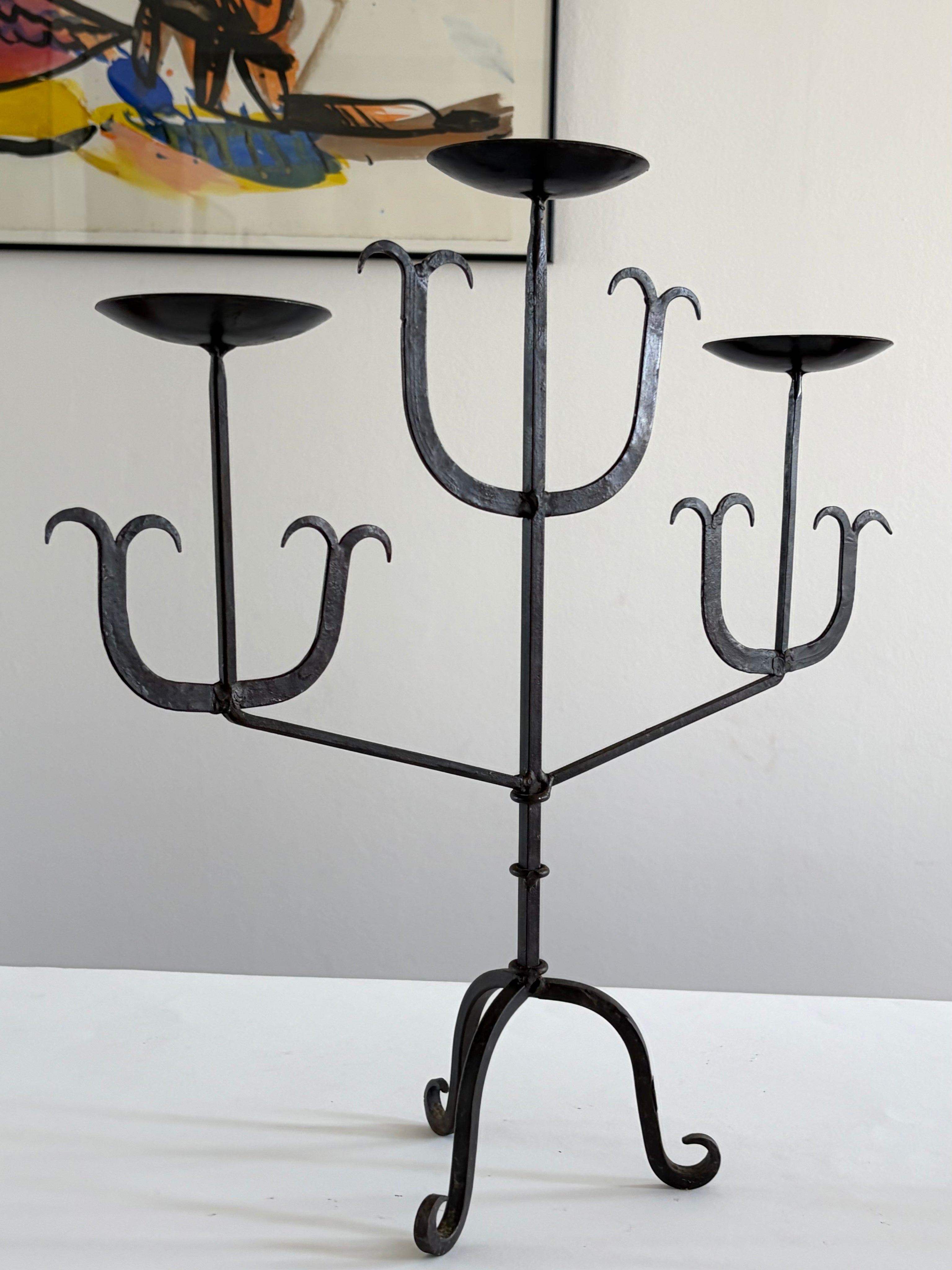French Forged Iron Three-Arm Candelabra, 1960s — side angle