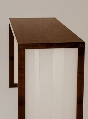 Additions Console Table Handcrafted in Wood Veneer & Virgin Wool Fabric Inserts — close-up