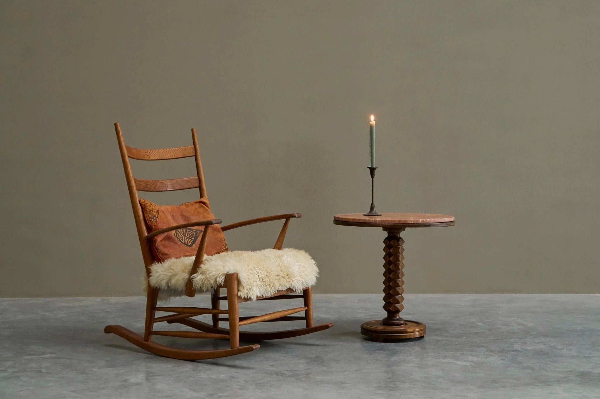 Rocking Chair in Solid Oak and Sheepskin France 1960s — side angle