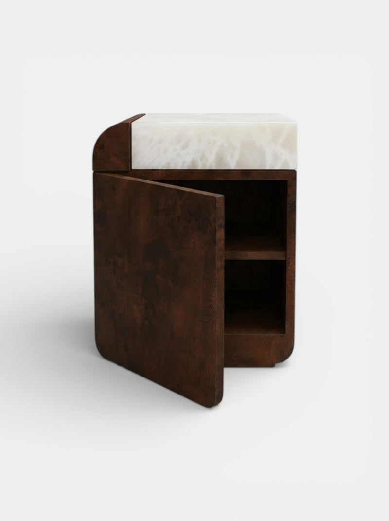 Amo' Wooden and Marble Storage Table — close-up of open storage compartment