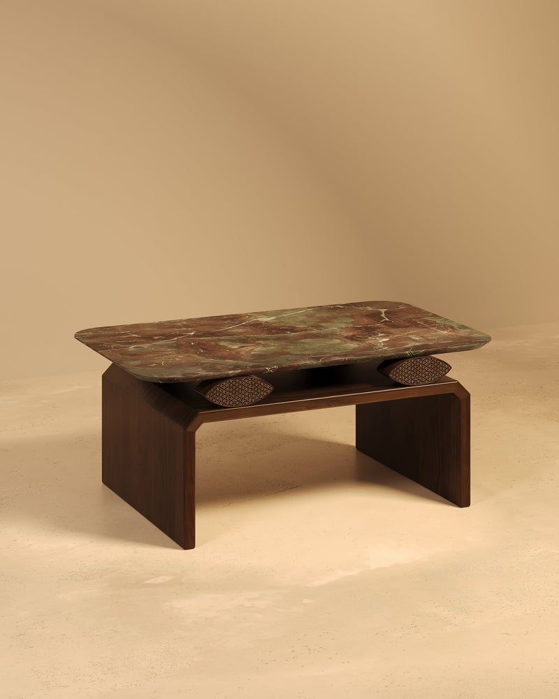 NAZAR II Coffee Table in Ocean Red Granite, Walnut and Khatam Marquetry by VandaVee | The Oblist