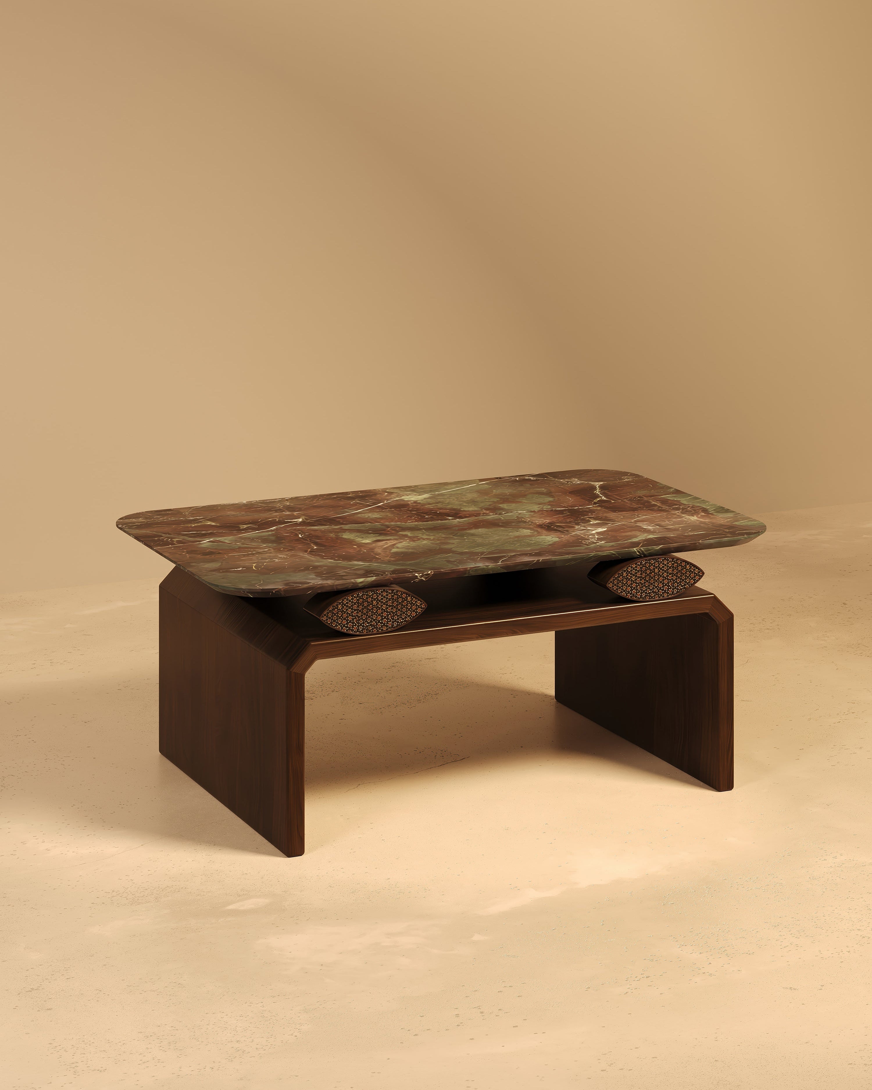 NAZAR II Coffee Table in Ocean Red Granite, Walnut and Khatam Marquetry by VandaVee | The Oblist