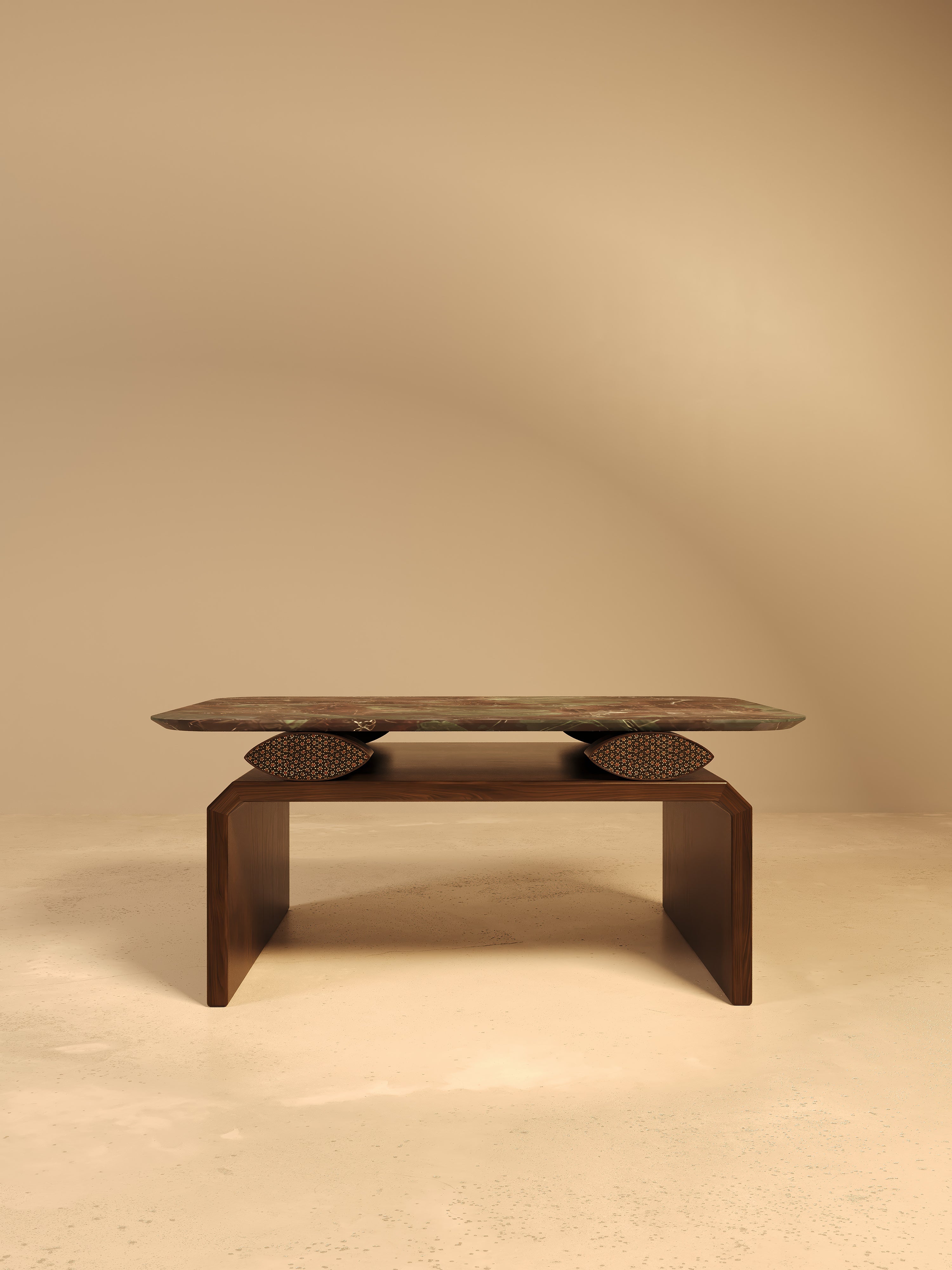 NAZAR II Coffee Table in Ocean Red Granite, Walnut and Khatam Marquetry — close-up