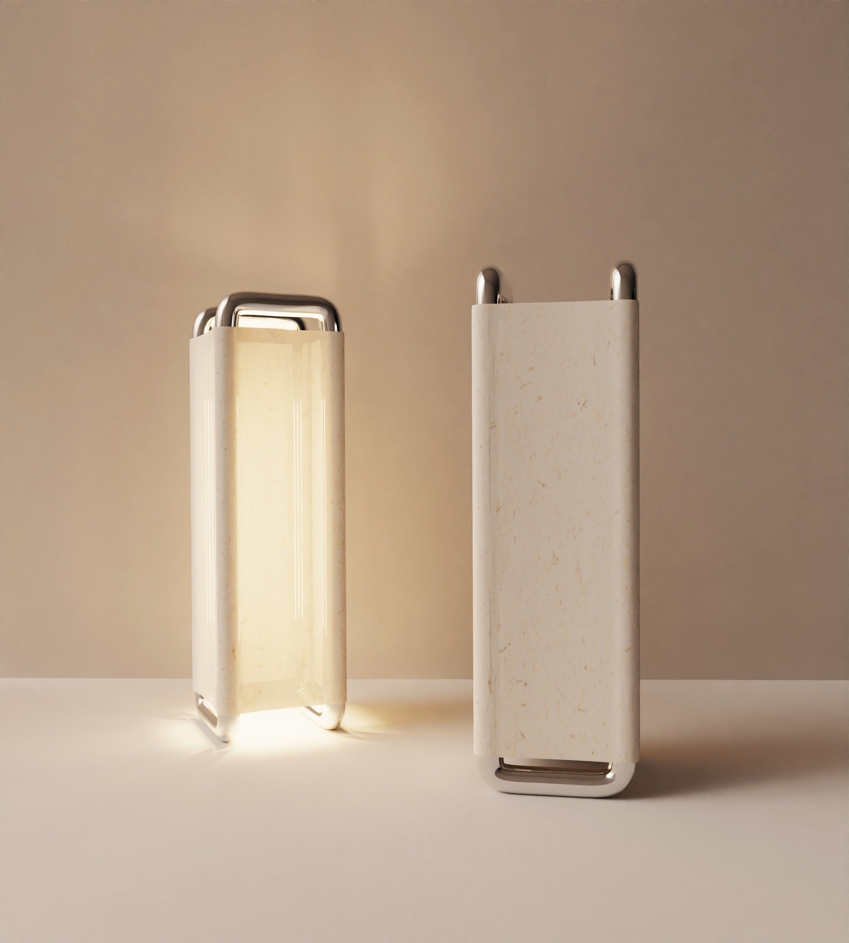 “Xoria” Floor Lamp | Stainless Steel Linen — front and side view in neutral setting