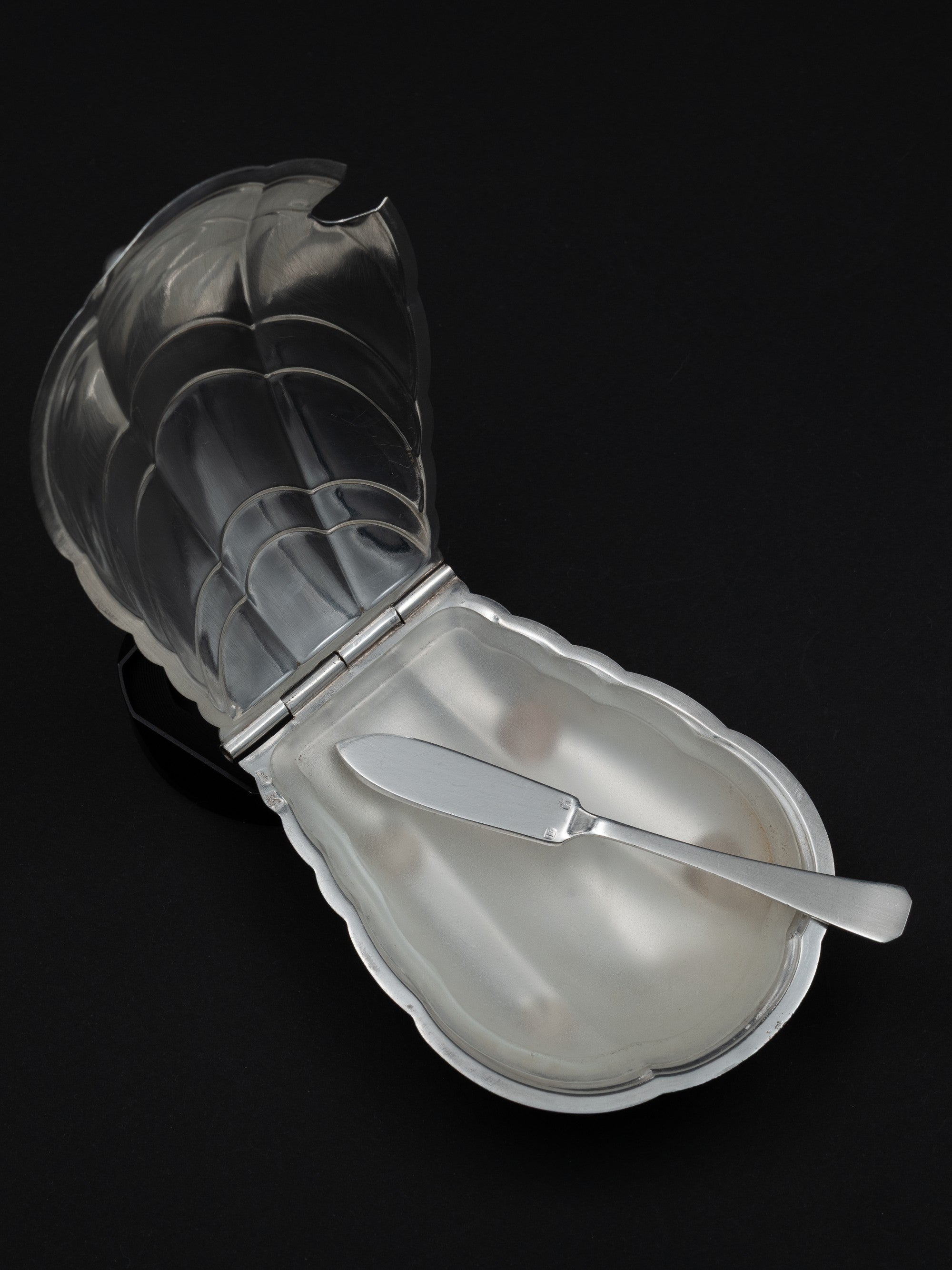 Scallop Shell Butter Dish & Knife Set, France, c. 1910s — top view showing silver dish and knife