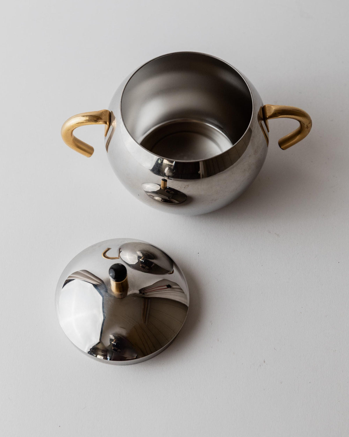 Vintage 1980s Sugar or Jam Bowl Set, Stainless Steel and Brass Serving Bowls, Elegant Postmodern Tableware, Breakfast Set, Gift Idea — in context