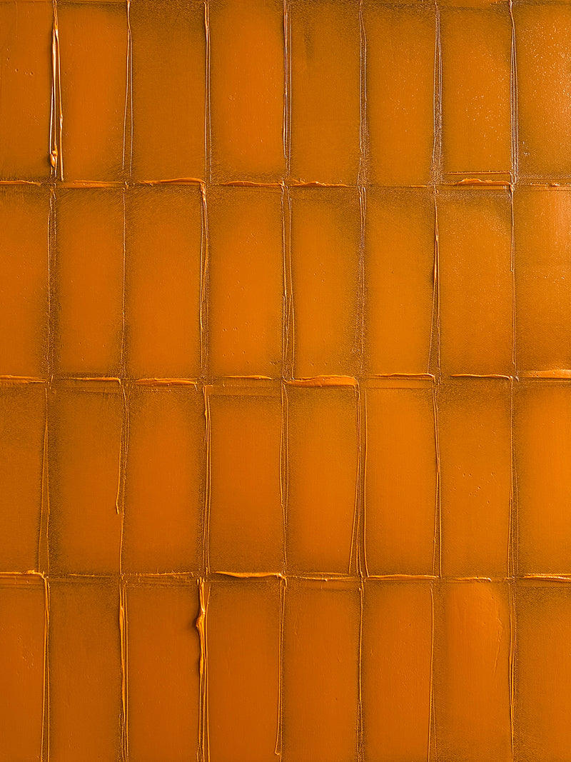 Textured orange abstract painting with geometric grid pattern detail