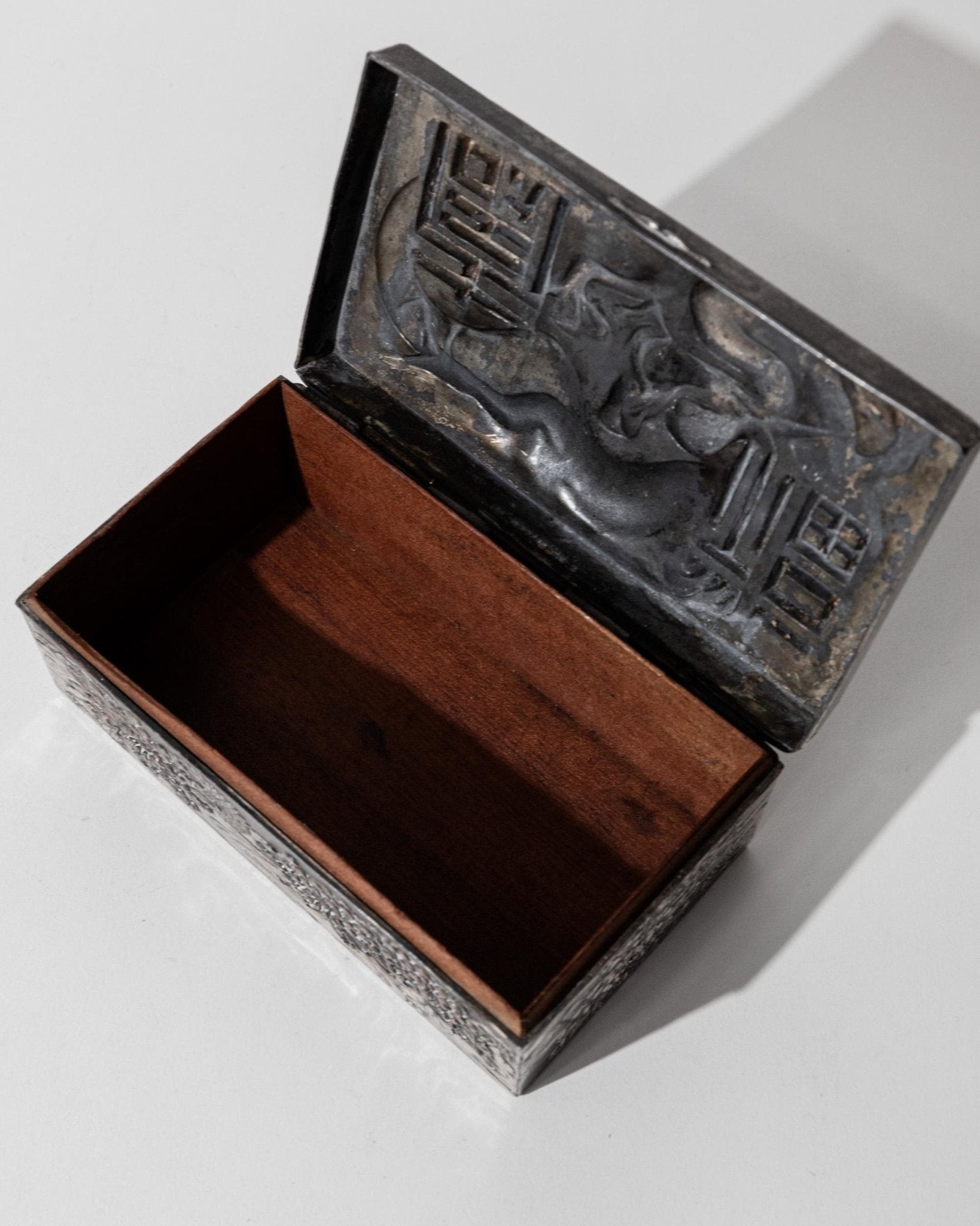 Vintage Early 19th Century Japanese Silver Plated Box Dragon Motif, Wood Inlay, Rare Jewelry or Cigarette Case, Antique Elegant Gift Idea — in context