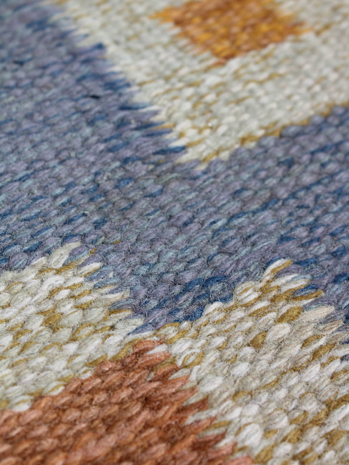 Karin Jönsson Swedish Mid-Century Geometric Wool Kilim 171x252cm — close-up of wool texture and colors