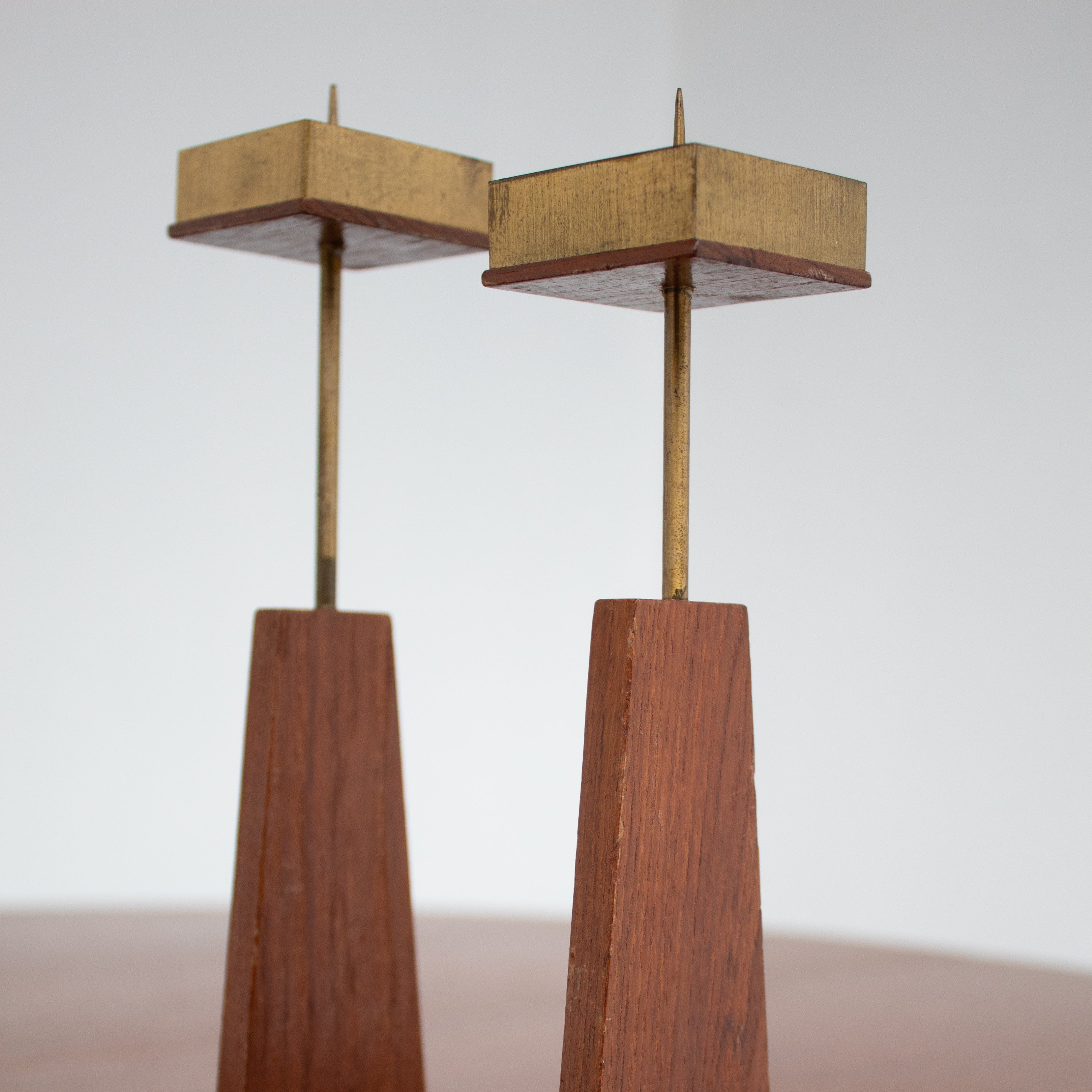 Vintage Candle Holders in Wood / Teak — top view showing brass and teak design