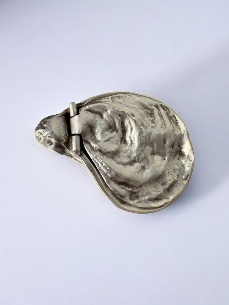 Oyster shell jewelry box in silver, Italy, 1960's — top view showing textured surface