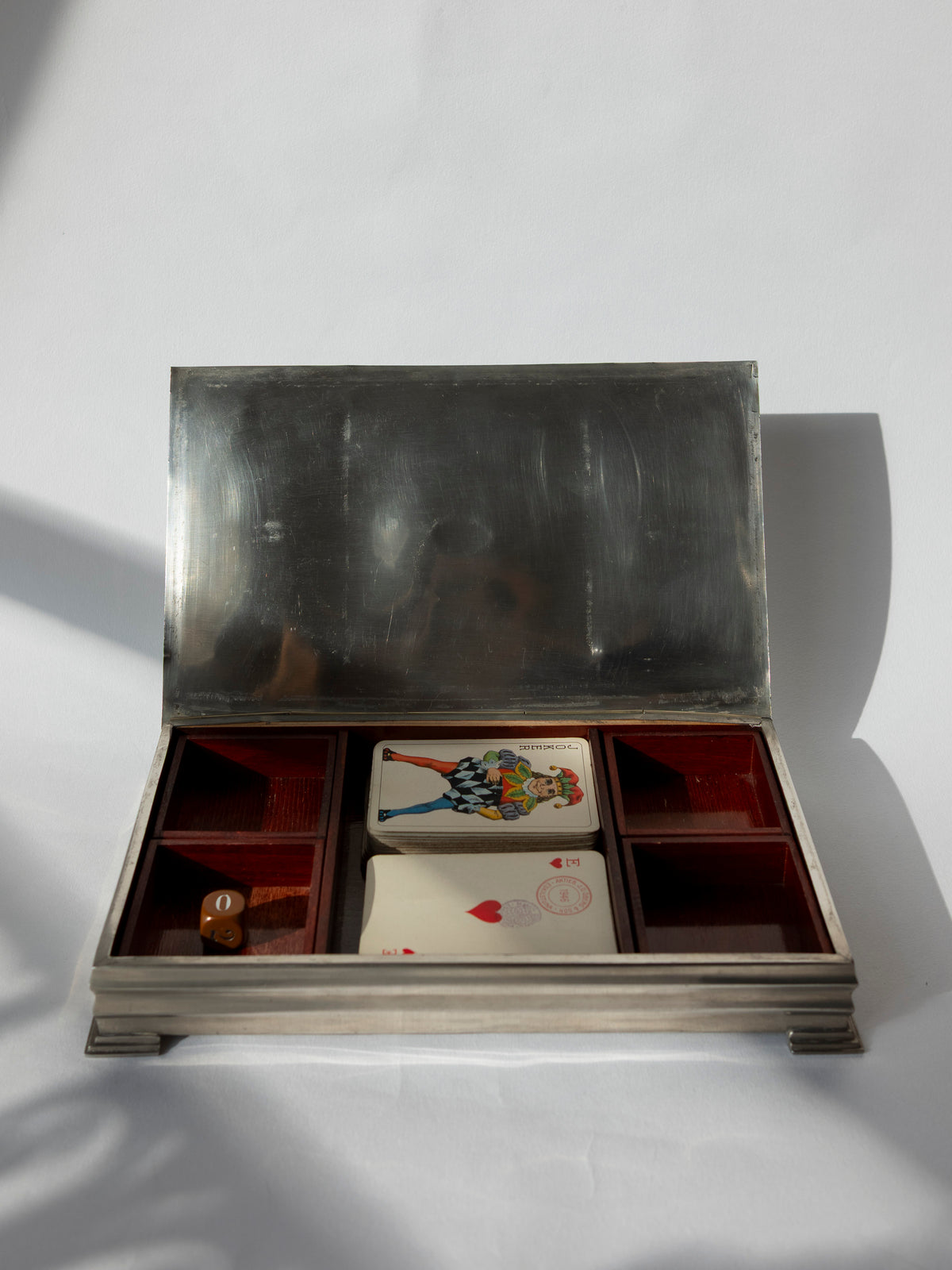 1931 Swedish Art Deco Pewter & Enamel Playing Card Box — close-up