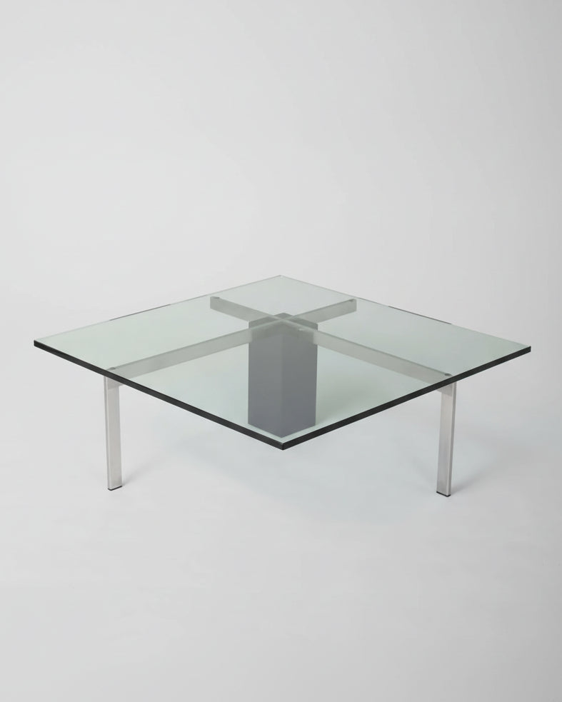 KW1 glass, metal and granite coffee table by Hank Kwint for Metaform 1980s — close-up of glass top and metal legs