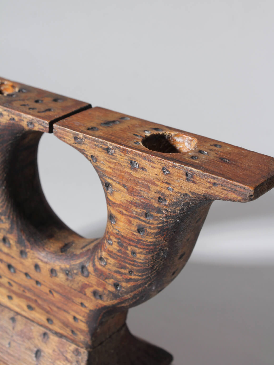 Vintage Swedish Carved Wood Candlelabra — side angle highlighting textured wood grain
