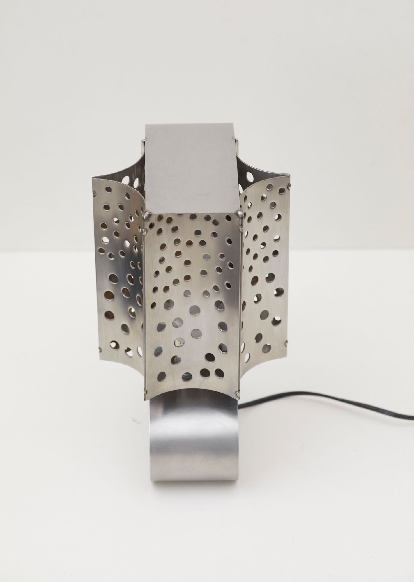 One of a Kind French Artisanal Stainless Steel Table Lamp Vintage Circa 1970 — front view highlighting perforated metal desig