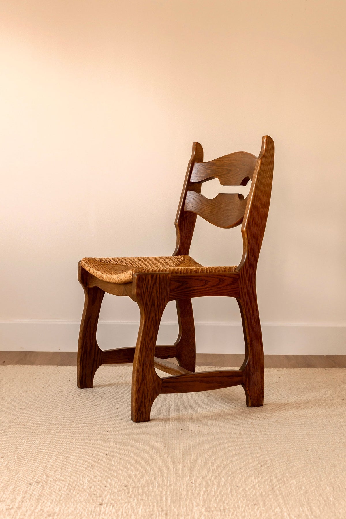 Set of Six French Oak Razor-Back Chairs by Guillerme et Chambron, c.1960 — side angle