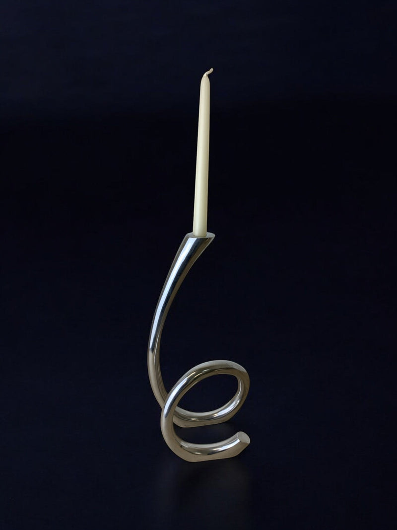 Biomorphic Candleholder, Solid Aluminum, Spain, circa 1970's — close-up of curved aluminum design