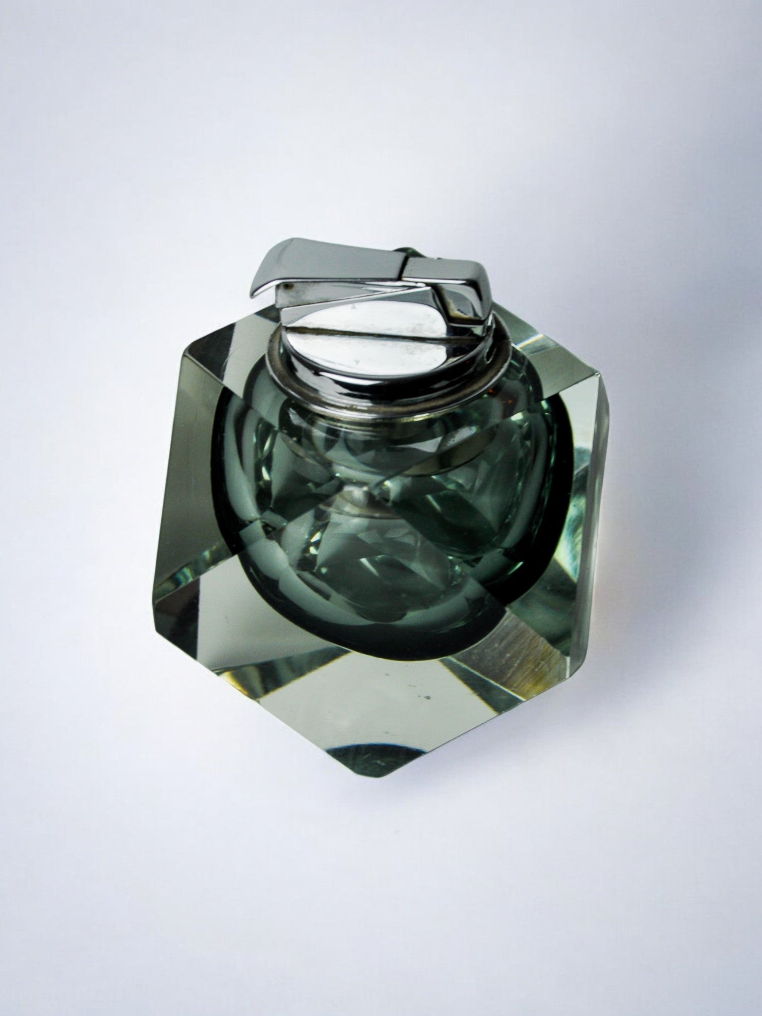 Black Sommerso Lighter by Seguso, Murano, Italy, 1970's — top view highlighting green glass and chrome details