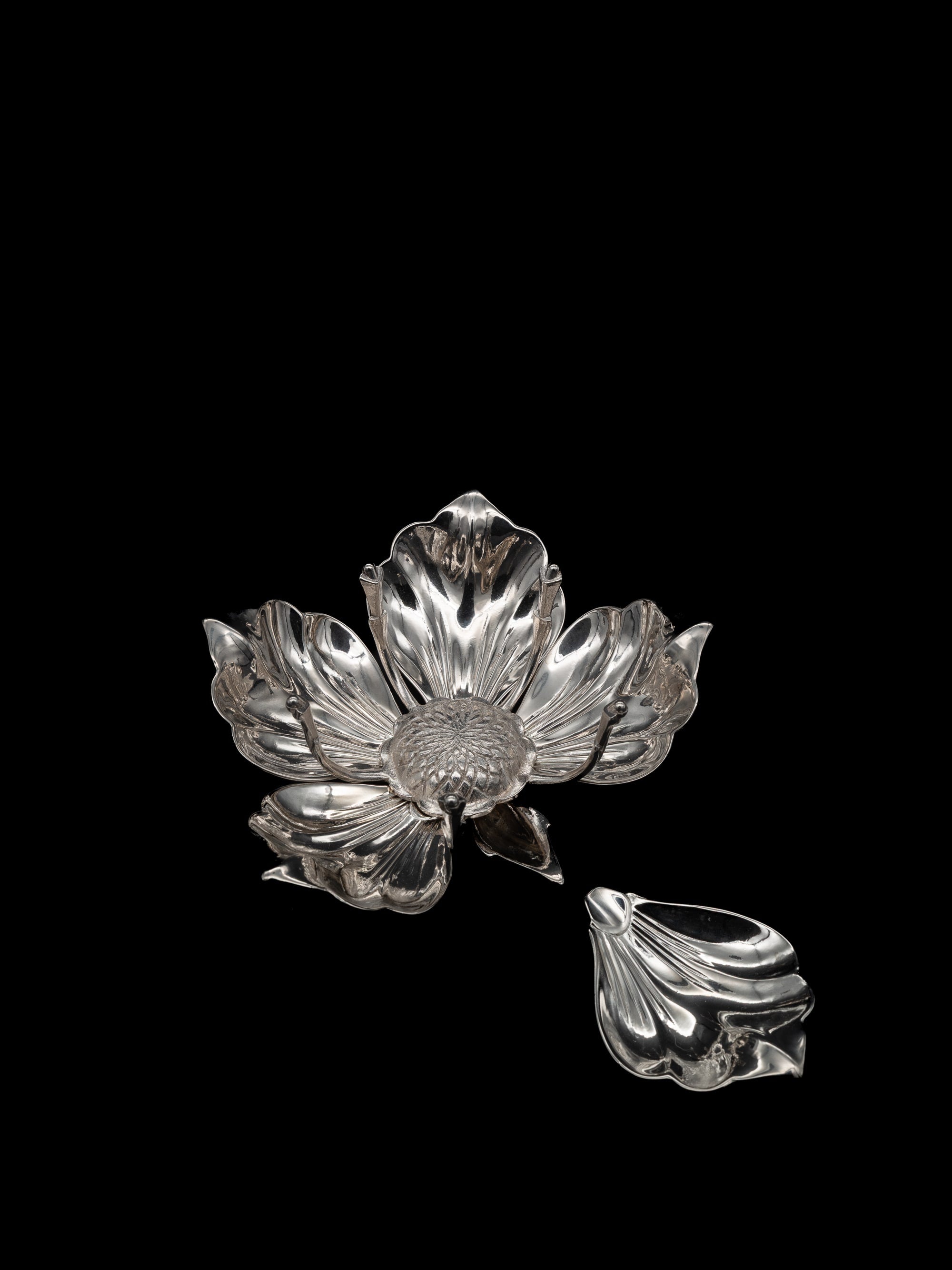 Silver-Plated Magnolia Flower Ashtray, Italy, c. 1960s — close-up of flower detail with petal design