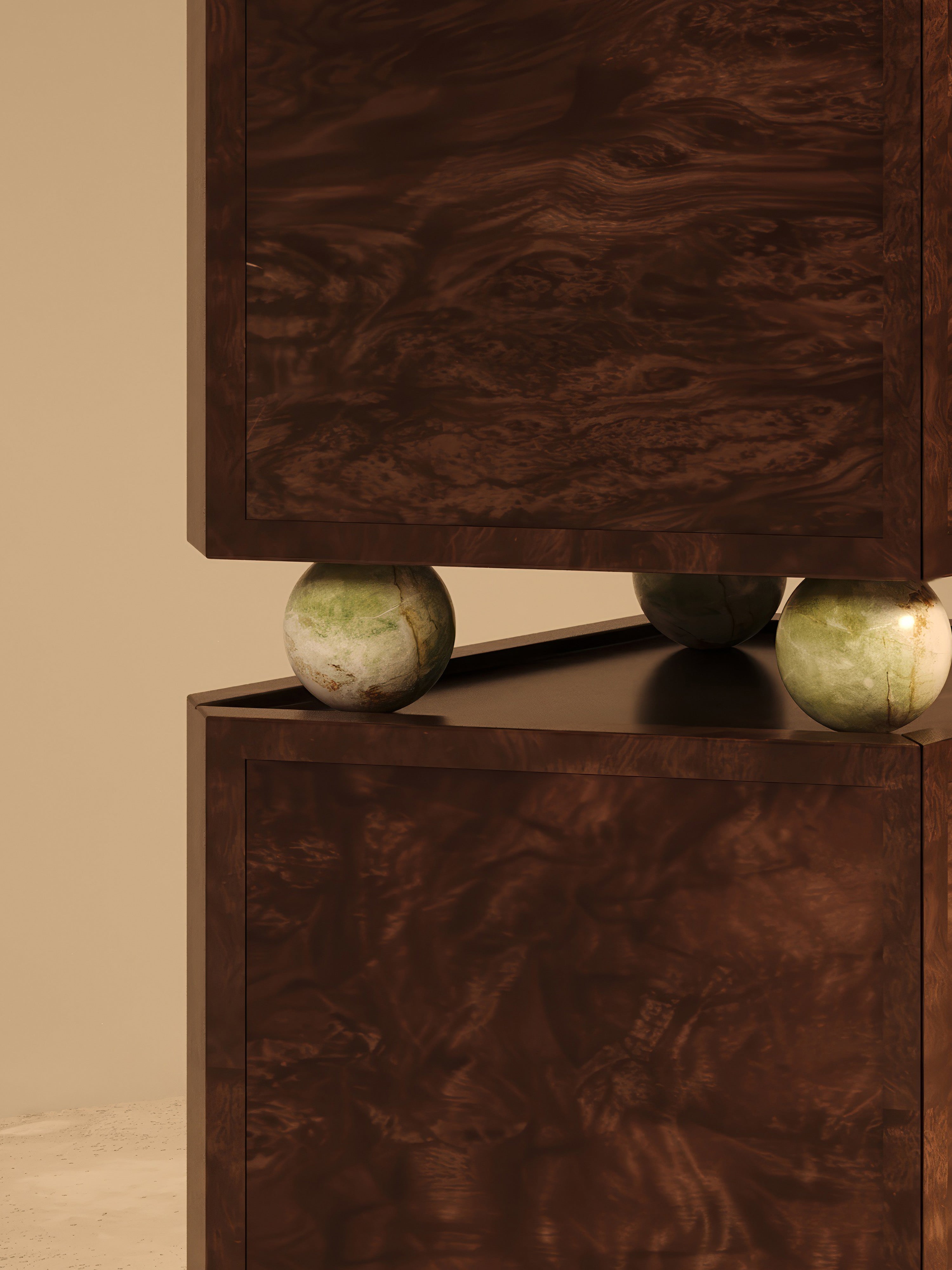 ORO I – Walnut Burl Veneer Cabinet with Onyx Spheres — in context