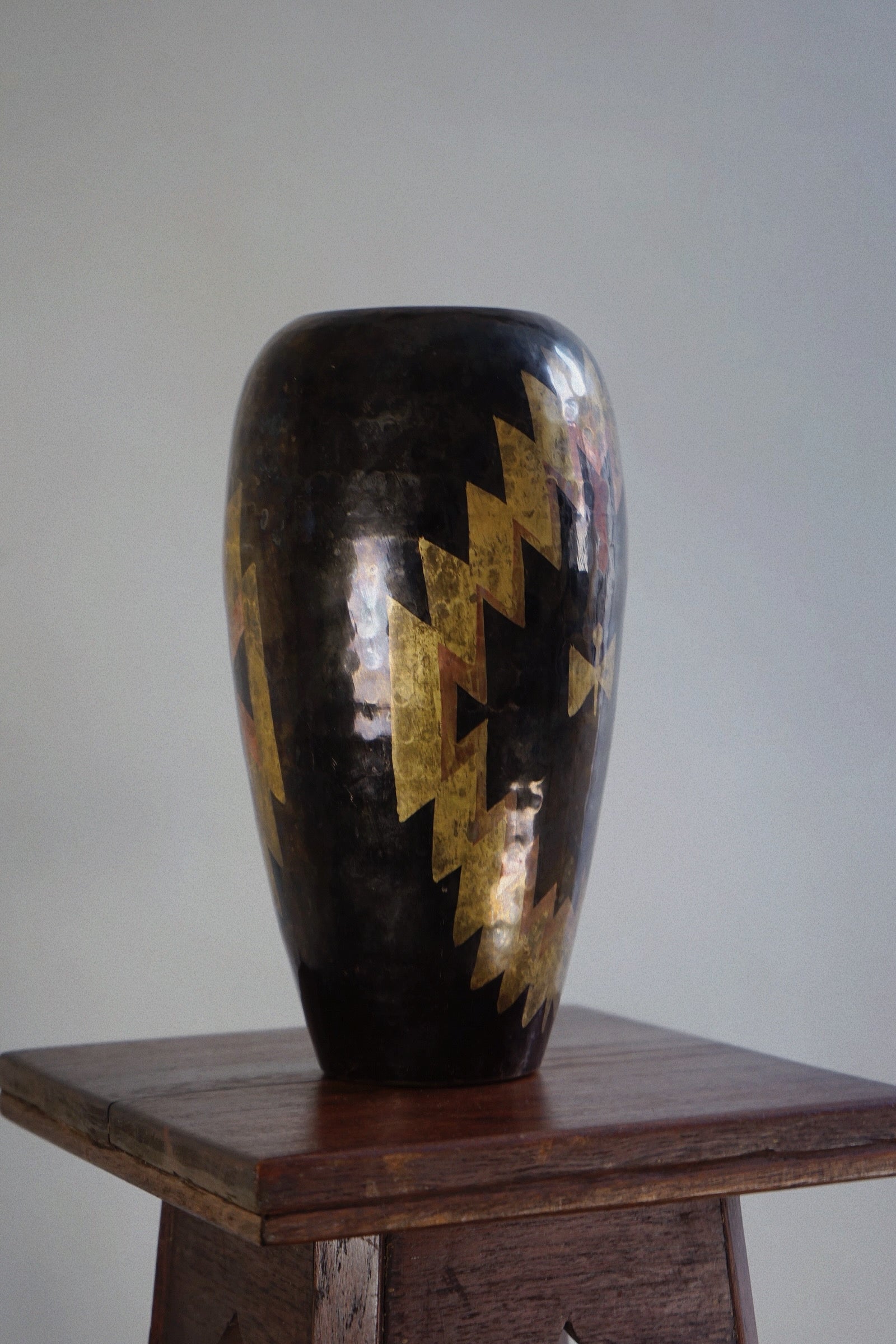Art Deco Dinanderie Vase, c.1925 — side view highlighting gold geometric patterns