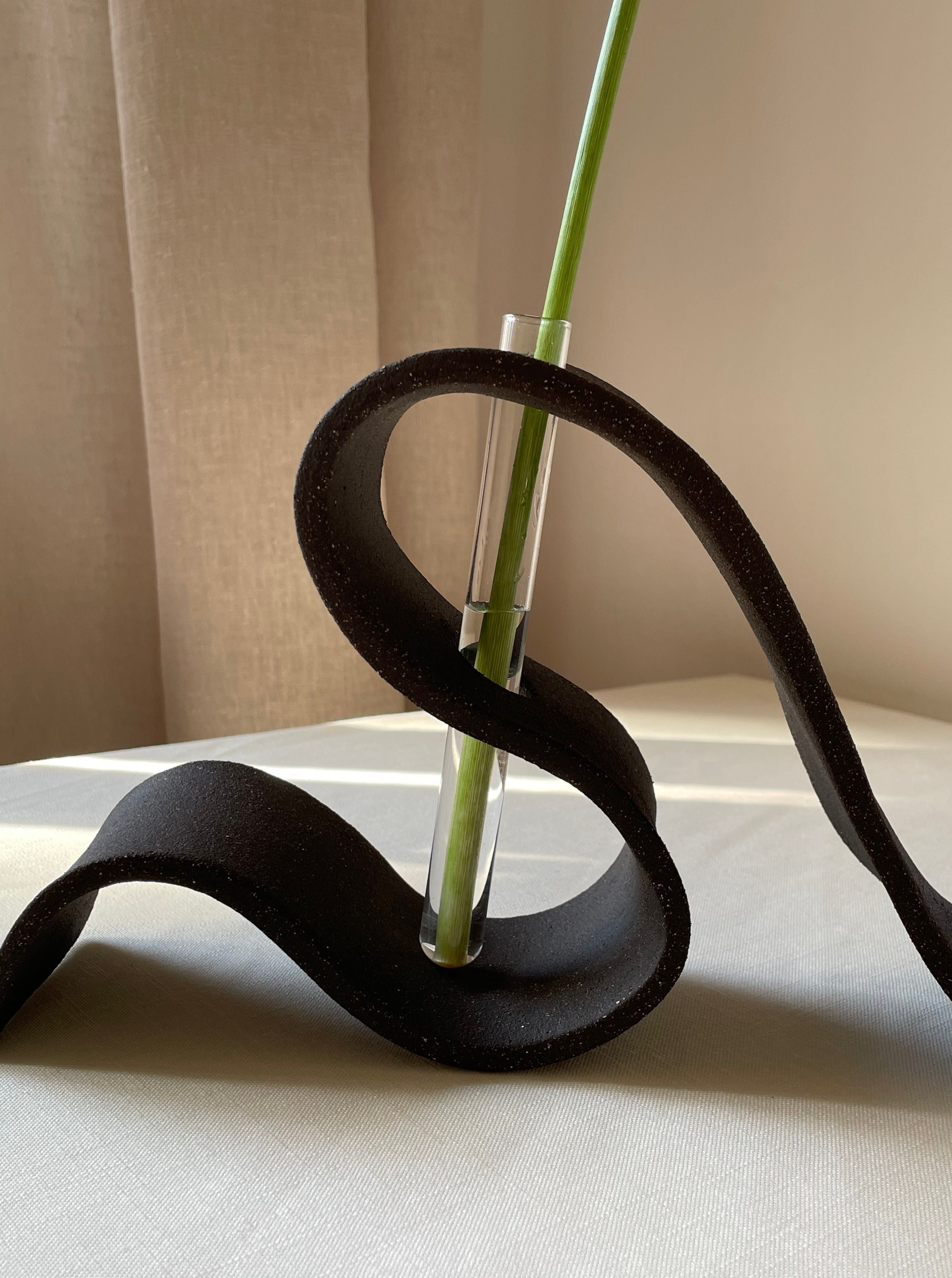 The LESS Ribbon Vase in Black features a modern, wavy base and a clear glass tube holding a single green stem. Set on a light table with neutral curtains, it’s perfect for displaying dried flowers in any contemporary space.