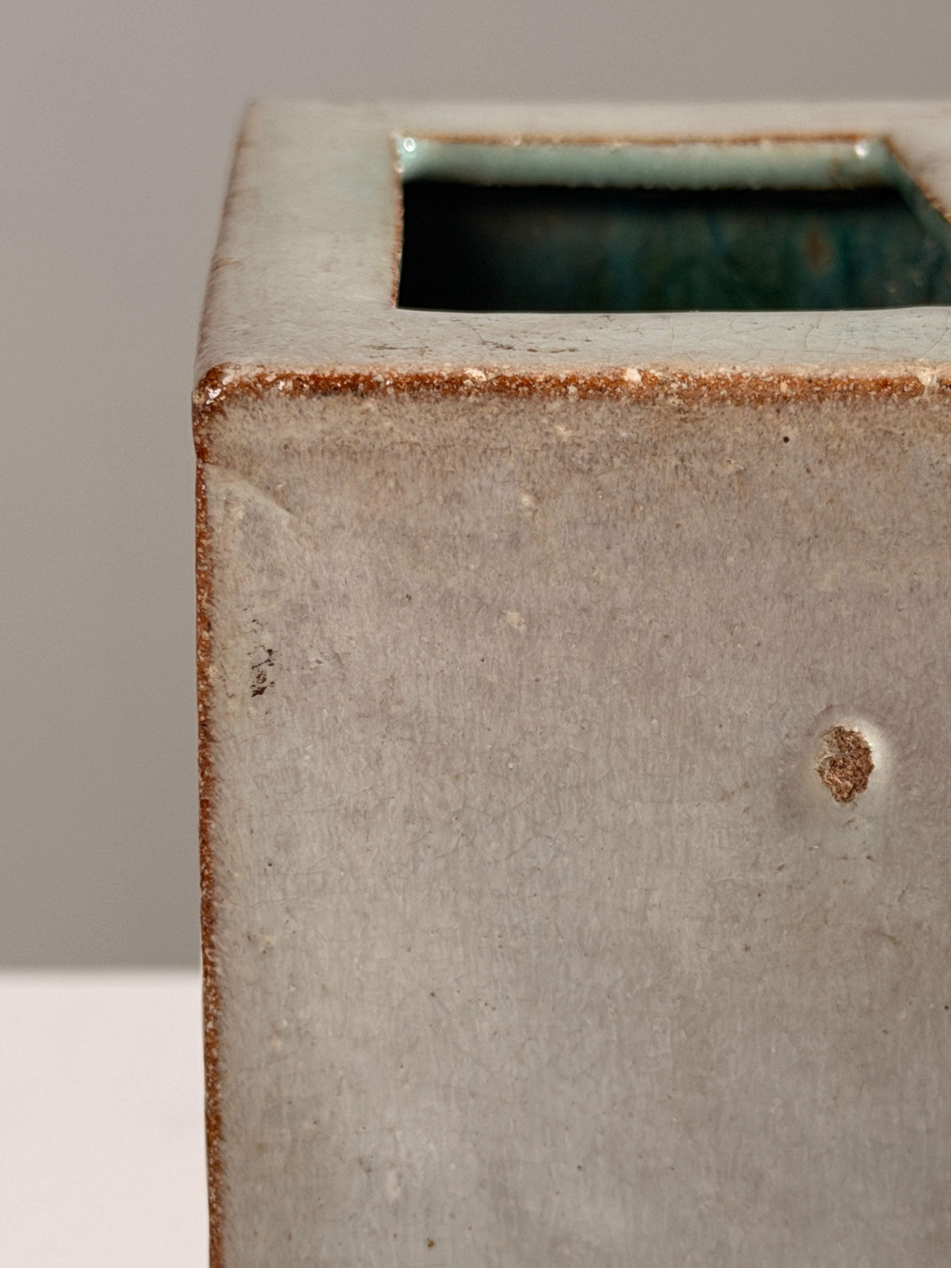 Rectangular glazed ceramic vase, circa 1960 — side angle