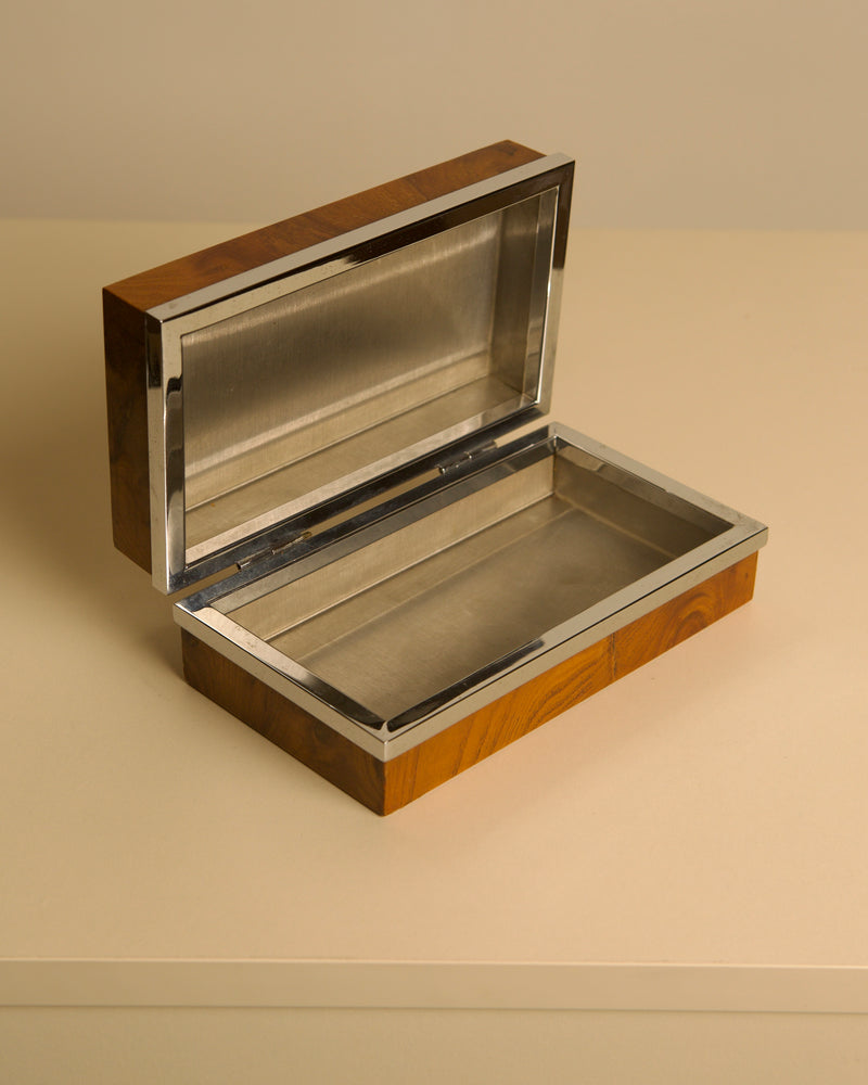 Italian box in elm wood with a metal interior, 1960s — open view showing metal interior and wooden exterior
