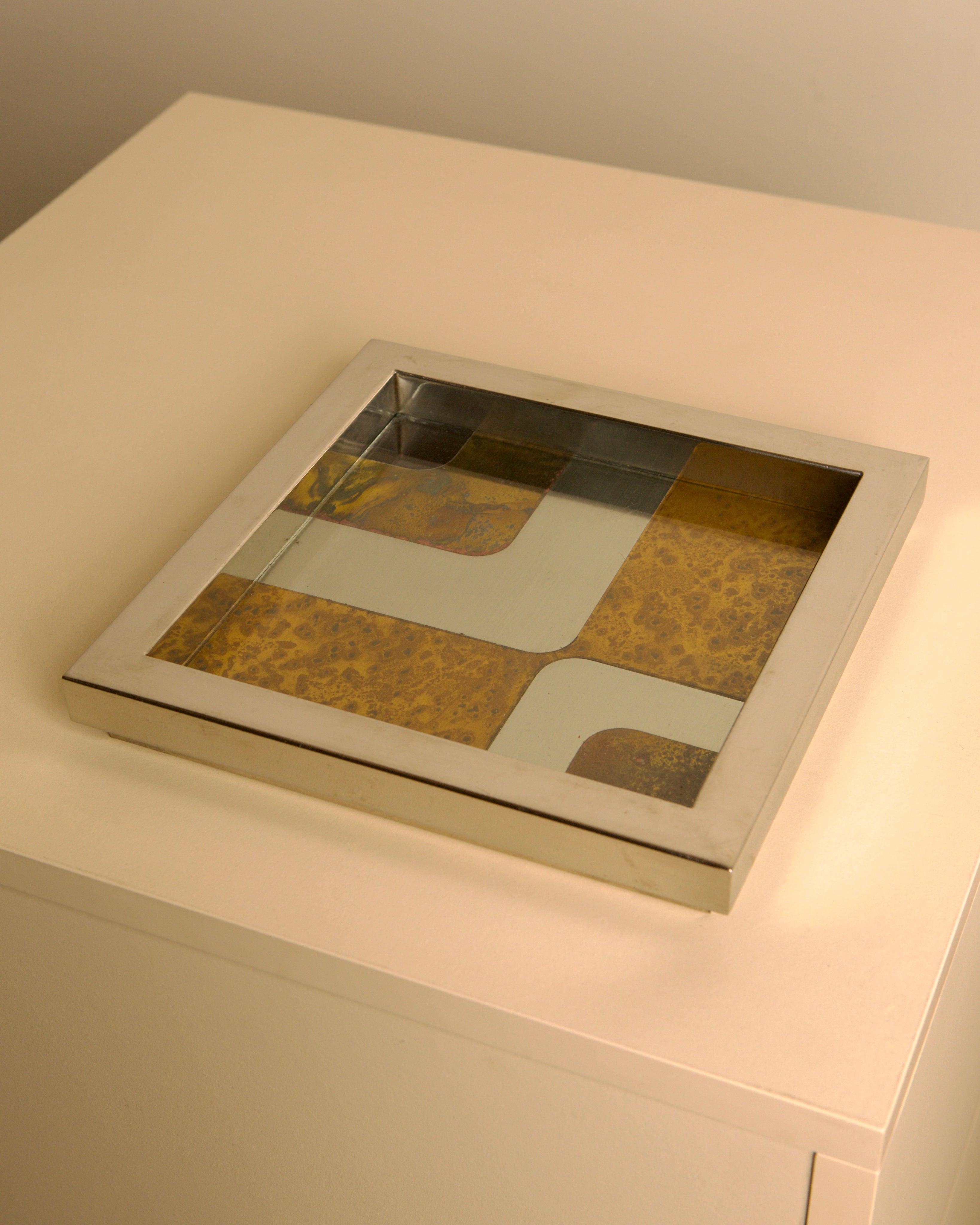 Italian square metal, glass, wood-effect and 70s patina catchall by Treaptyque | The Oblist