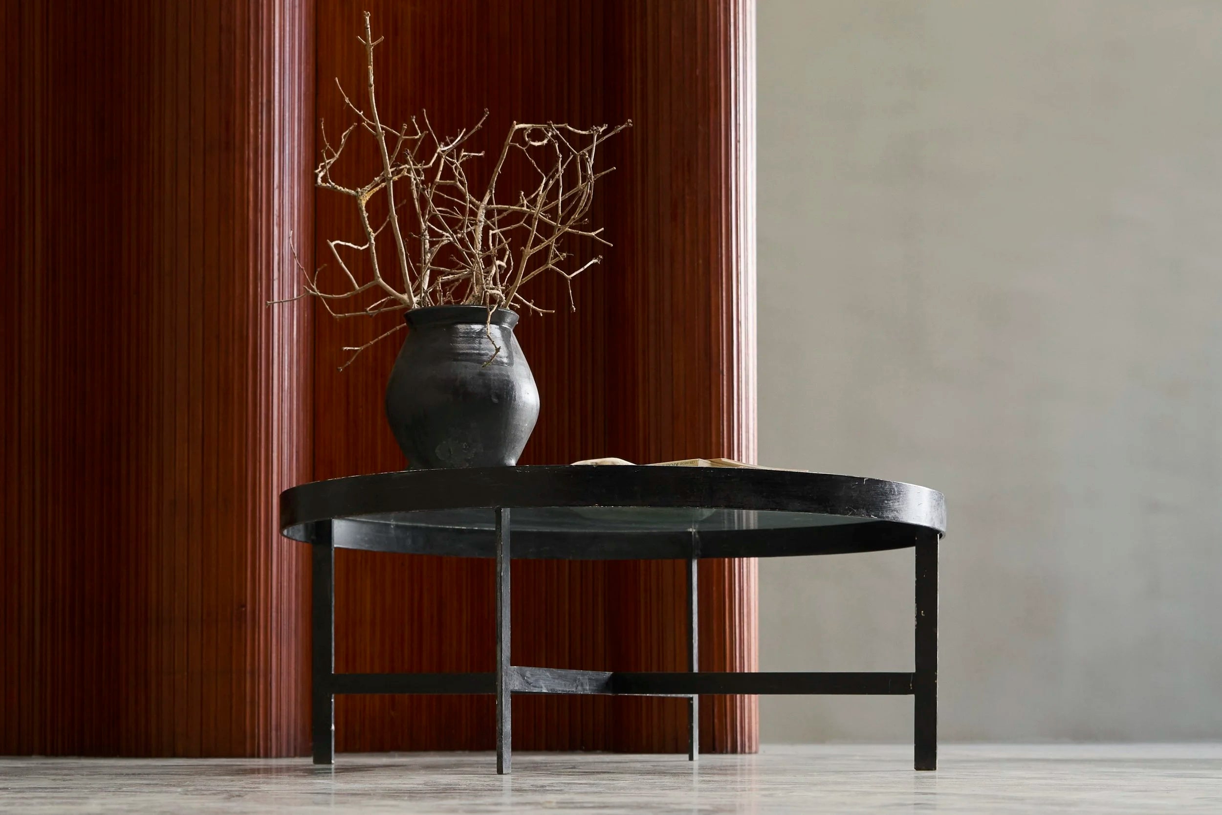Janni van Pelt Coffee Table in Patinated Metal and Glass The Netherlands 1950s — lifestyle setting