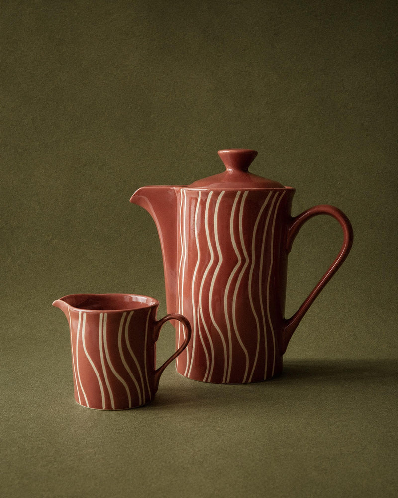 Vintage 1970s Ceramic Tea or Coffee Set, Teapot with Lid and Creamer, Rust Orange with Retro Stripe Pattern, Mid Century Decor, Gift Idea by Bottega Jacobs