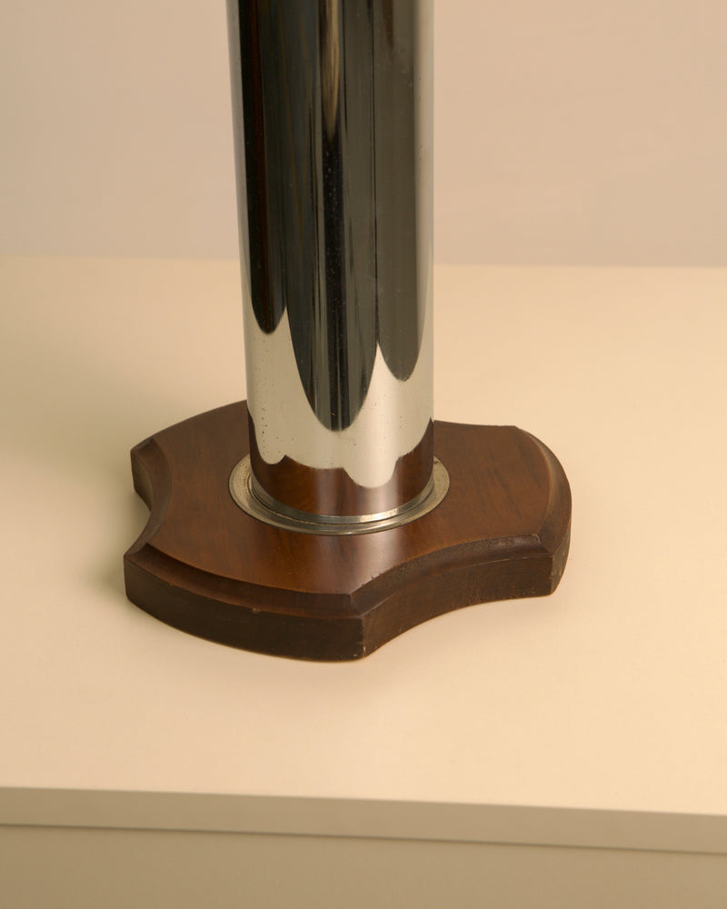 Chrome ashtray stand with walnut wooden base detail