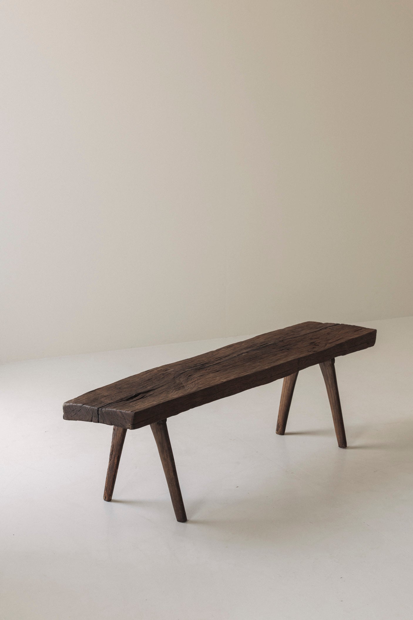 Primitive Rustic Bench in Oak, France, Early 20th Century — detail view
