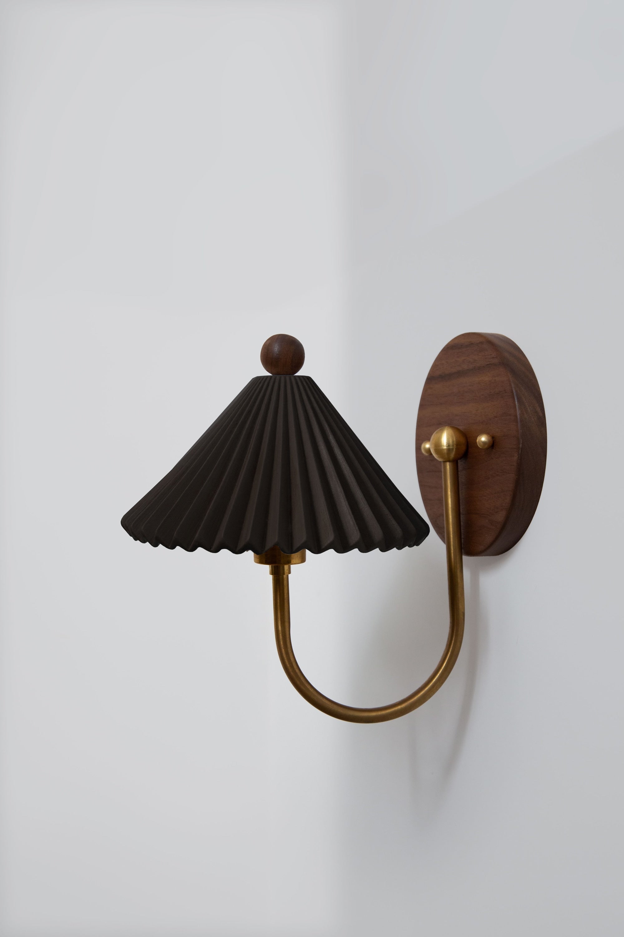Prairie wall sconce with pleated black shade and brass arm detail