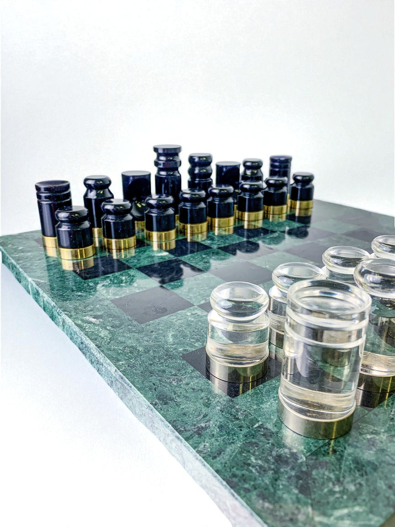 Acrylic & Gilt Brass Chess Set with Marble Board, Italy, 1970s — side angle
