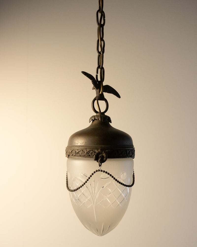 Flemish Patinated Brass Ceiling Lantern by Maud Vaughan | The Oblist — vintage brass and frosted glass