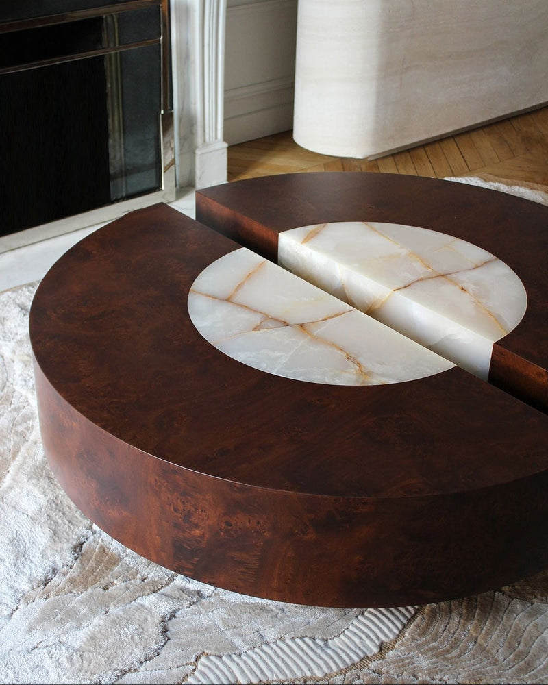 'Baci' Round Wood and Shell Onyx Table — detail view