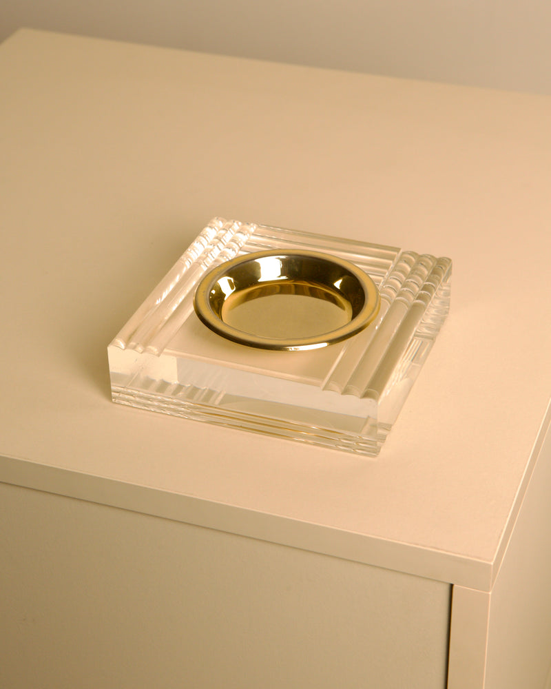 Square Italian trinket tray in lucite and brass, 70s by Treaptyque | The Oblist — vintage clear and gold design