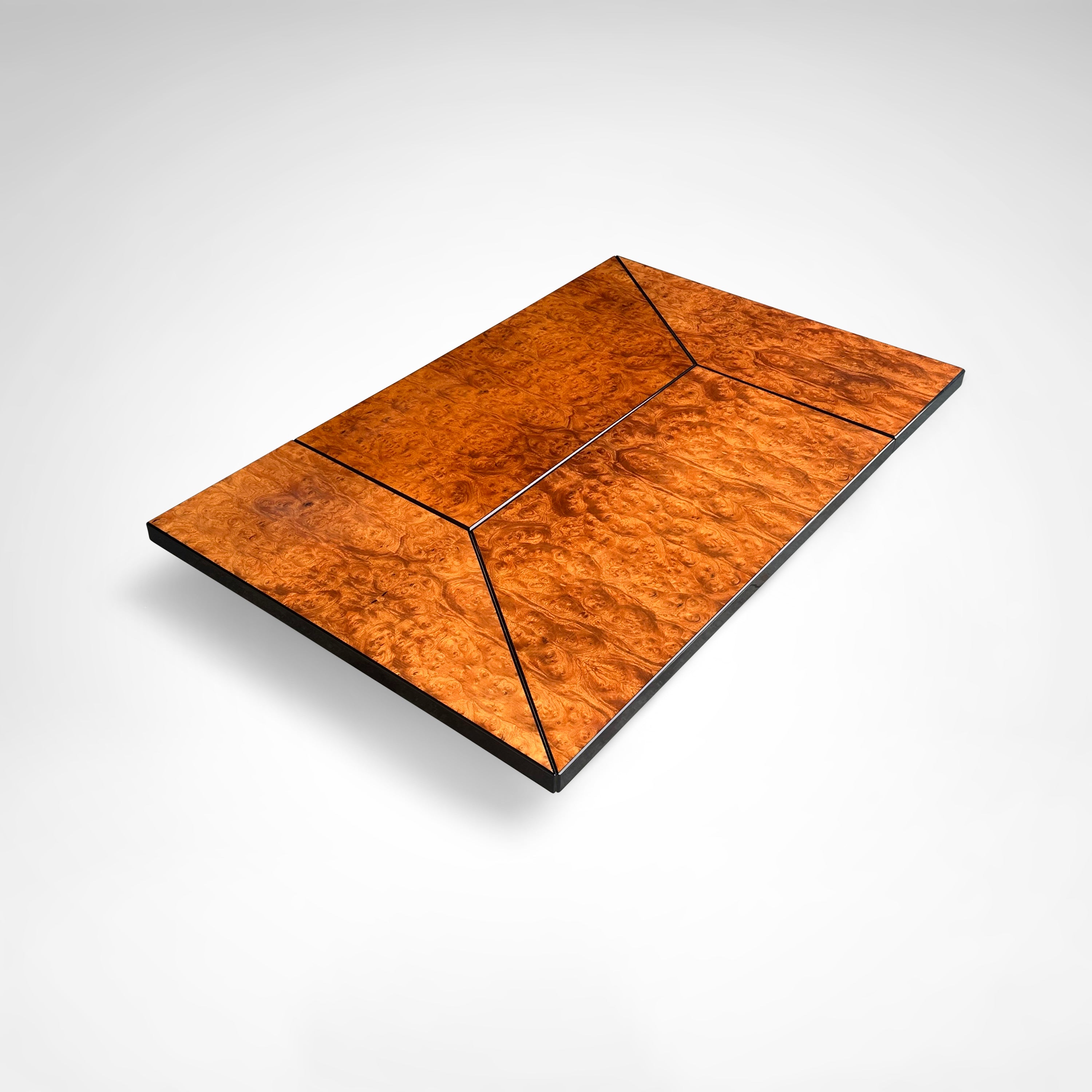 Burl wood coffee table with bar by Paul Michel for Roche Bobois 1980s — angled view highlighting rich wood grain