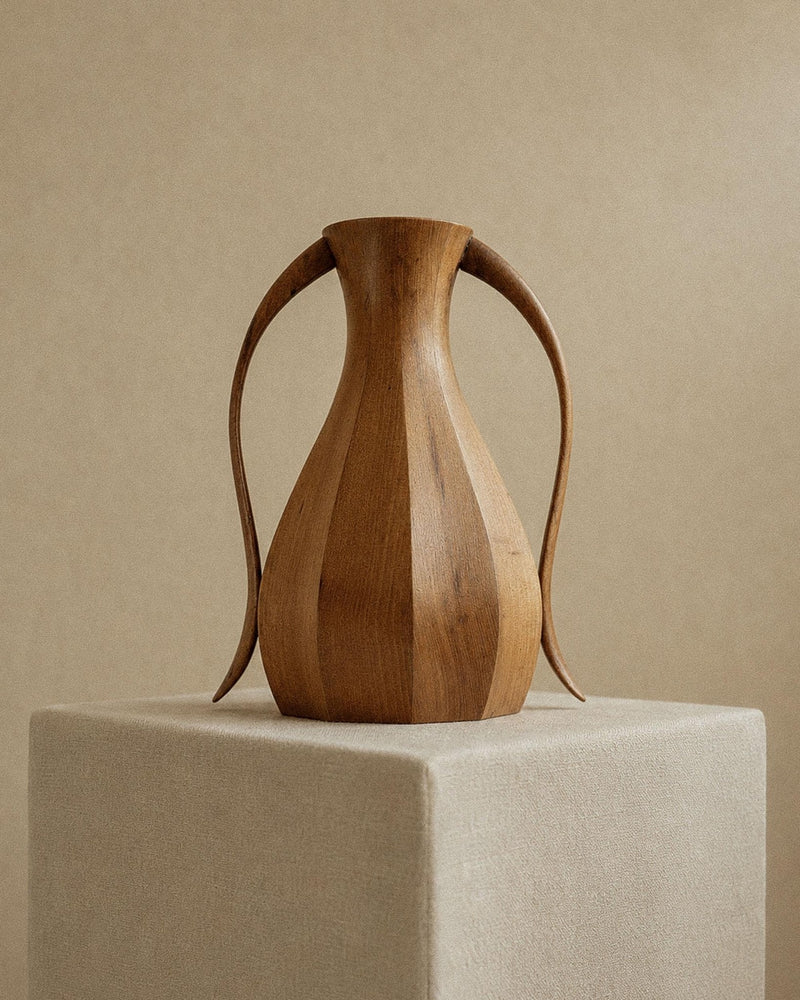 Vintage 1960s Wooden Vase with Two Handles, Classical Amphora Shape with Metal Interior, Decorative Design Object, Elegant Gift Idea by Bottega Jacobs