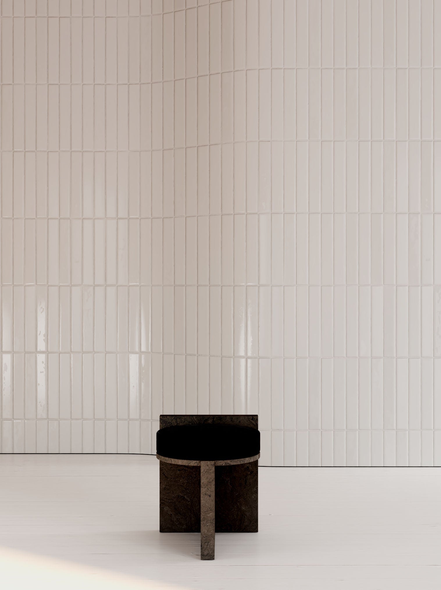 Meï 01' Stool — front view against white tiled wall