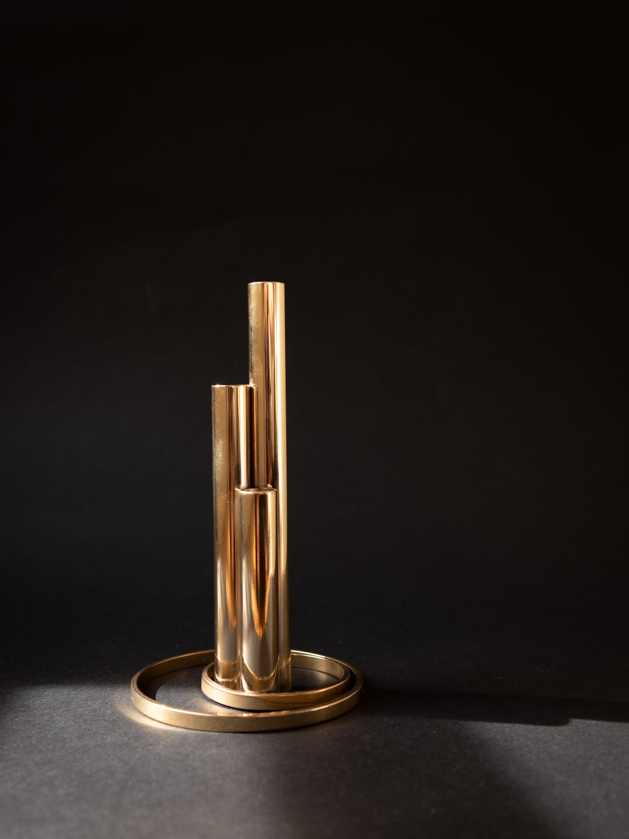 Italian 24kt Gold-Plated Soliflore Vase — Modernist Triple Tube Design, c. 1970s — lifestyle setting